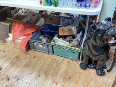 Large pottery cat, pond yacht, costume jewellery, linen, coins, china, glass, tools, etc.