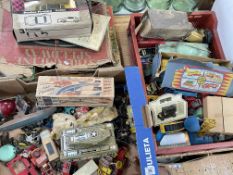 Three boxes of vintage toys, model vehicles, Streamline Speedway, etc.