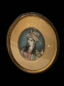 Fine Indian miniature of female in formal attire, 4.5cm by 3.5cm, gilt frame.