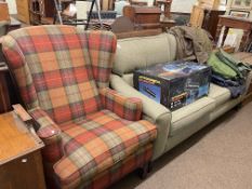 Georgian style wing armchair in tartan fabric and Parker Knoll two seater settee in green fabric.