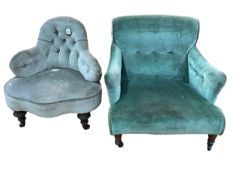 Early 20th Century low deep armchair and Victorian shaped front seat chair.