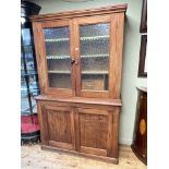 Victorian pitch pine kitchen dresser having two glazed panel doors above two cupboard doors,