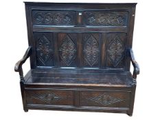 Antique oak high carved panel back box hall bench, 137cm by 144cm by 59cm.