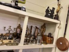 Collection of metalwares including tea set, lamp, doorstop, desk stand, cutlery, picture frames,