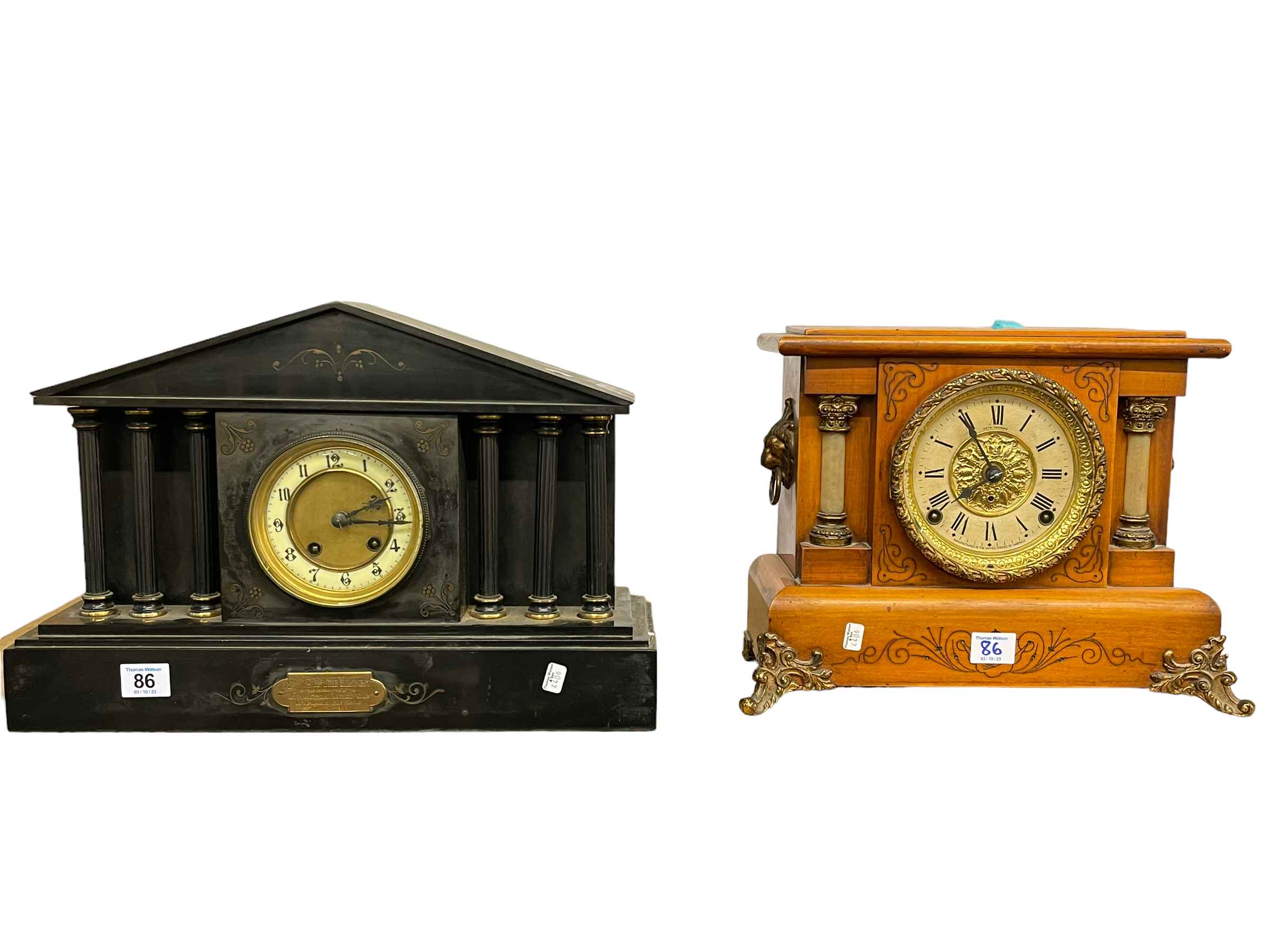 Slate mantel clock and wooden brass mounted mantel clock.