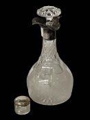 Silver mounted vine engraved decanter with mushroom stopper, and small toilet jar (2).