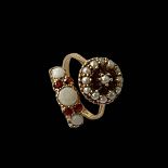 Two opal, garnet and seed pearl 9 carat gold rings, size J and P.