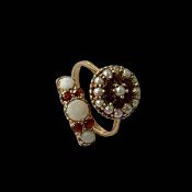 Two opal, garnet and seed pearl 9 carat gold rings, size J and P.