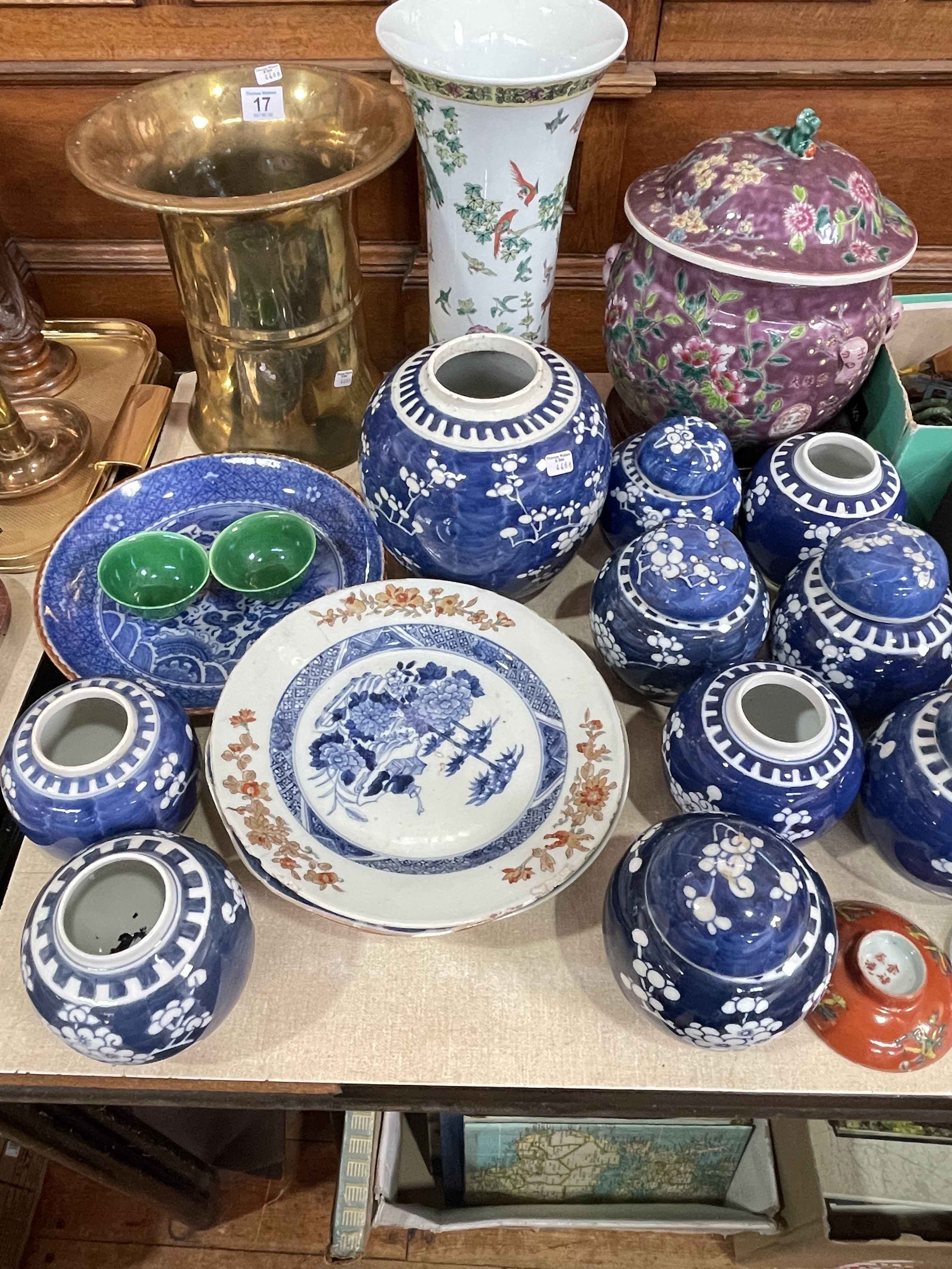 Chinese vases, prunus ginger jars, plates, brass vase, etc.