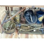 Brass coal scuttle, coal bin, jam pan, candle lamps, oil lamp, etc.