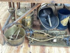 Brass coal scuttle, coal bin, jam pan, candle lamps, oil lamp, etc.