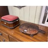 Rustic hardwood bread board on four feet and a mahogany box stool.