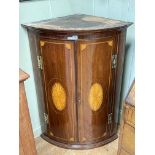 George III inlaid mahogany two door bow front corner wall cabinet, 105.5cm.