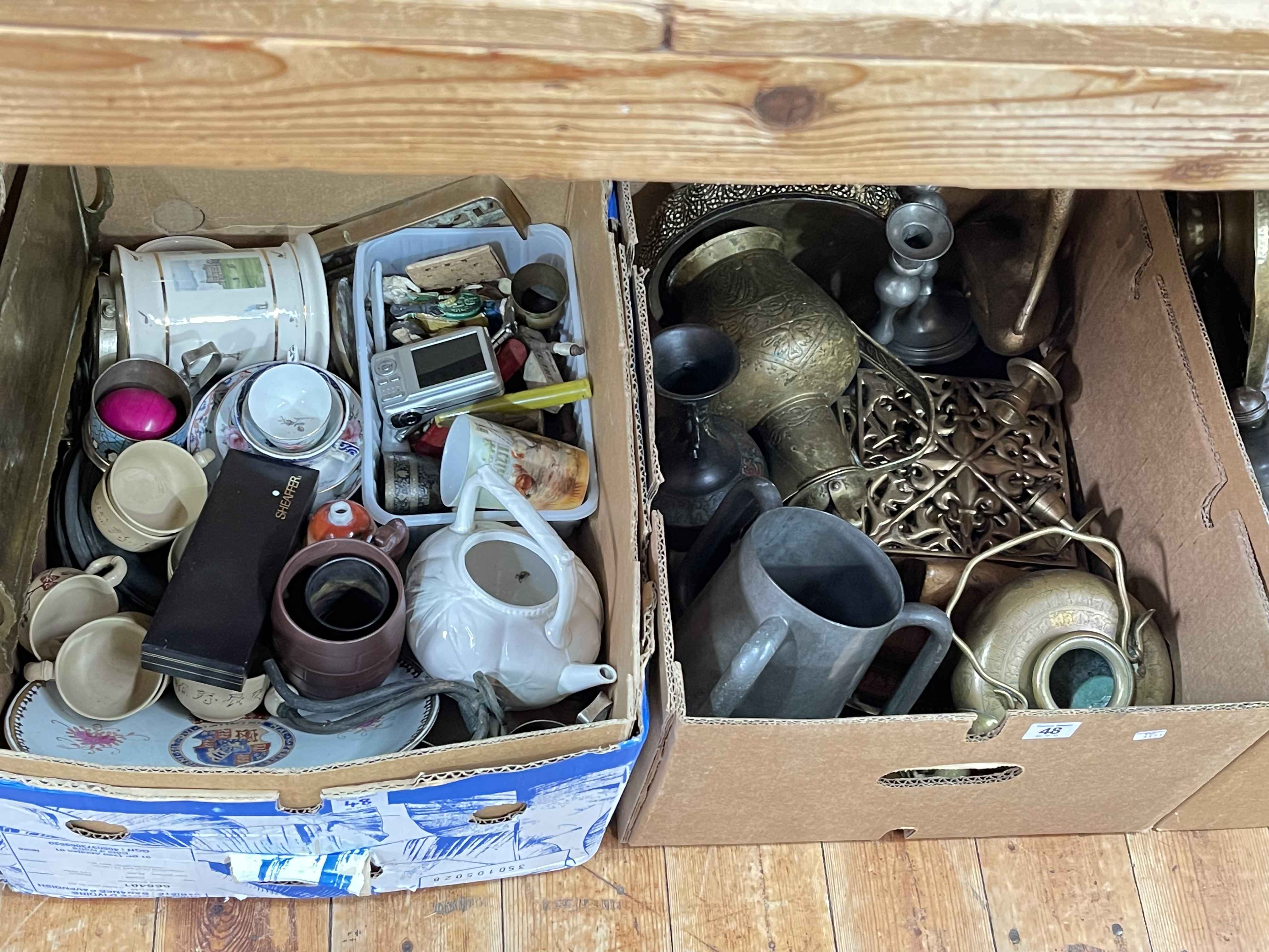 Four boxes of brassware, metalware, doll, vases, china, etc. - Image 2 of 3
