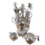 Farrow and Jackson Patent cocktail shaker, pair of three branch silver plated candelabra,