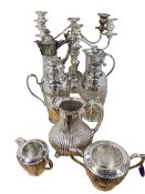 Farrow and Jackson Patent cocktail shaker, pair of three branch silver plated candelabra,