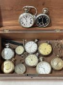 Box of pocket watches including two military, one silver and one silver fob (10), and compass.