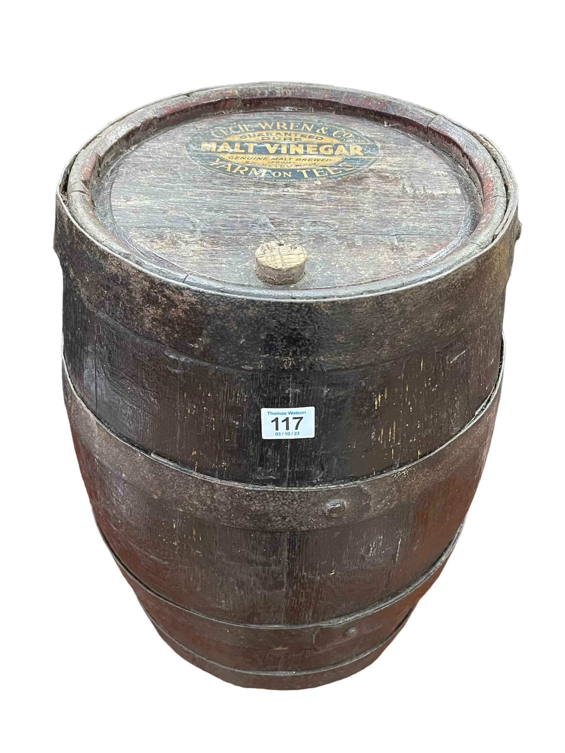 Vintage oak metal bound vinegar barrel labelled for Cecil Wren and Co limited, Yarm on Tees,