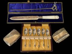 Cased silver and mother of pearl cake knife, cased silver coffee spoons, cigarette case,