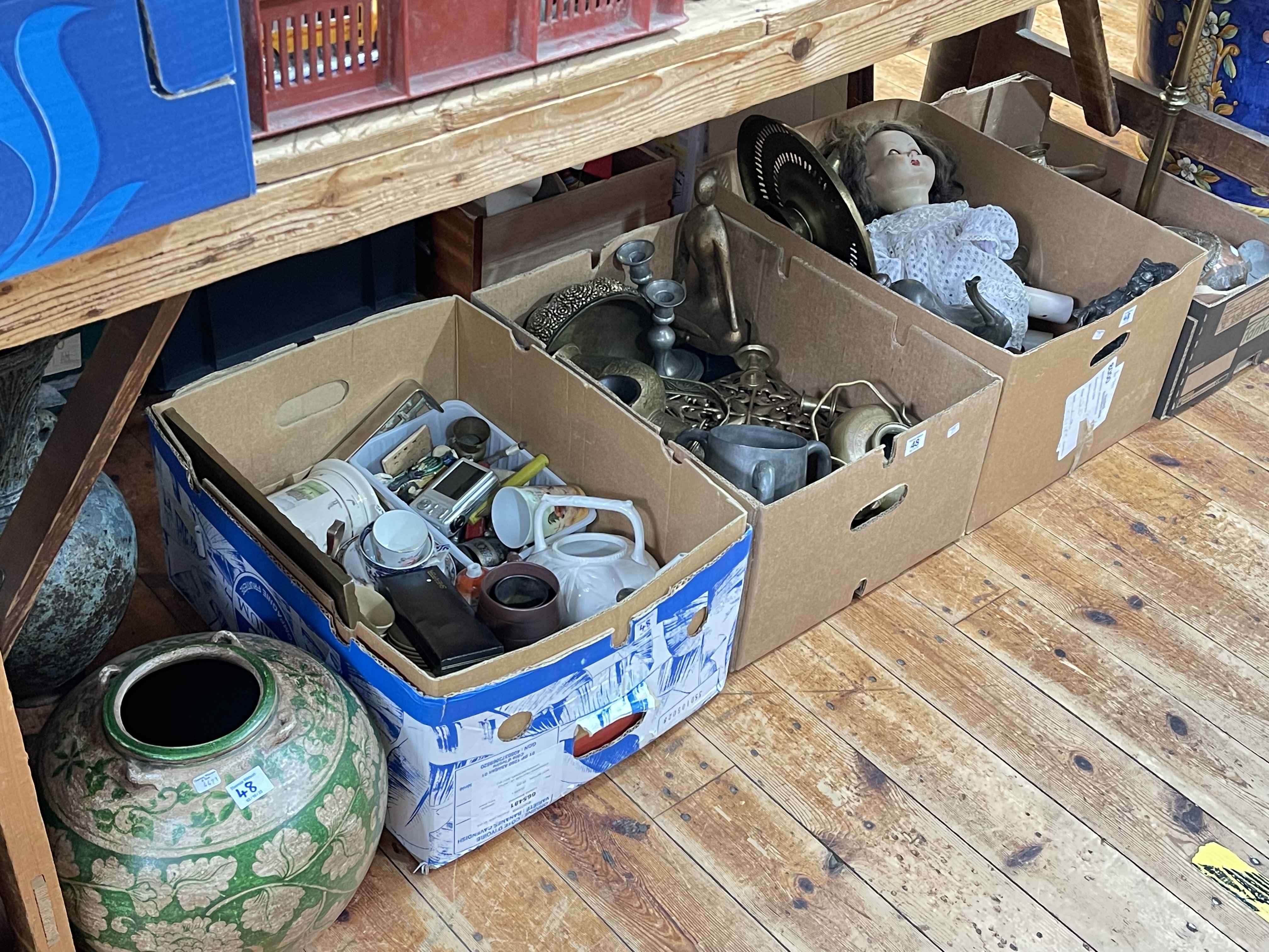 Four boxes of brassware, metalware, doll, vases, china, etc.