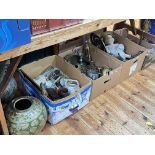 Four boxes of brassware, metalware, doll, vases, china, etc.