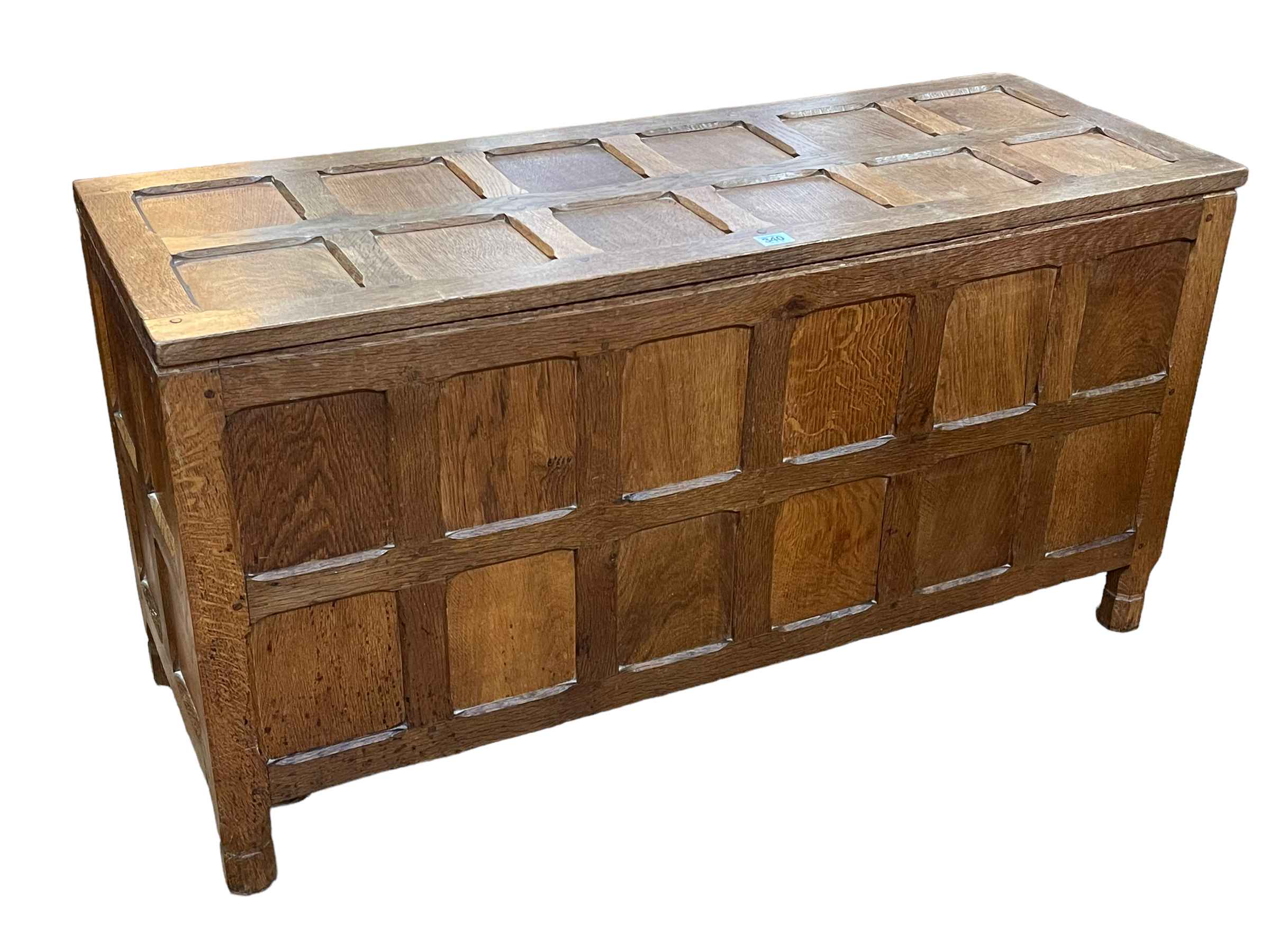 Sid Pollard adzed oak storage chest/blanket box, 56cm by 108.5cm by 39.5cm.