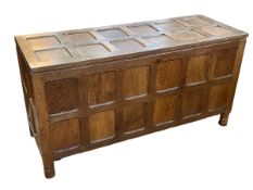 Sid Pollard adzed oak storage chest/blanket box, 56cm by 108.5cm by 39.5cm.