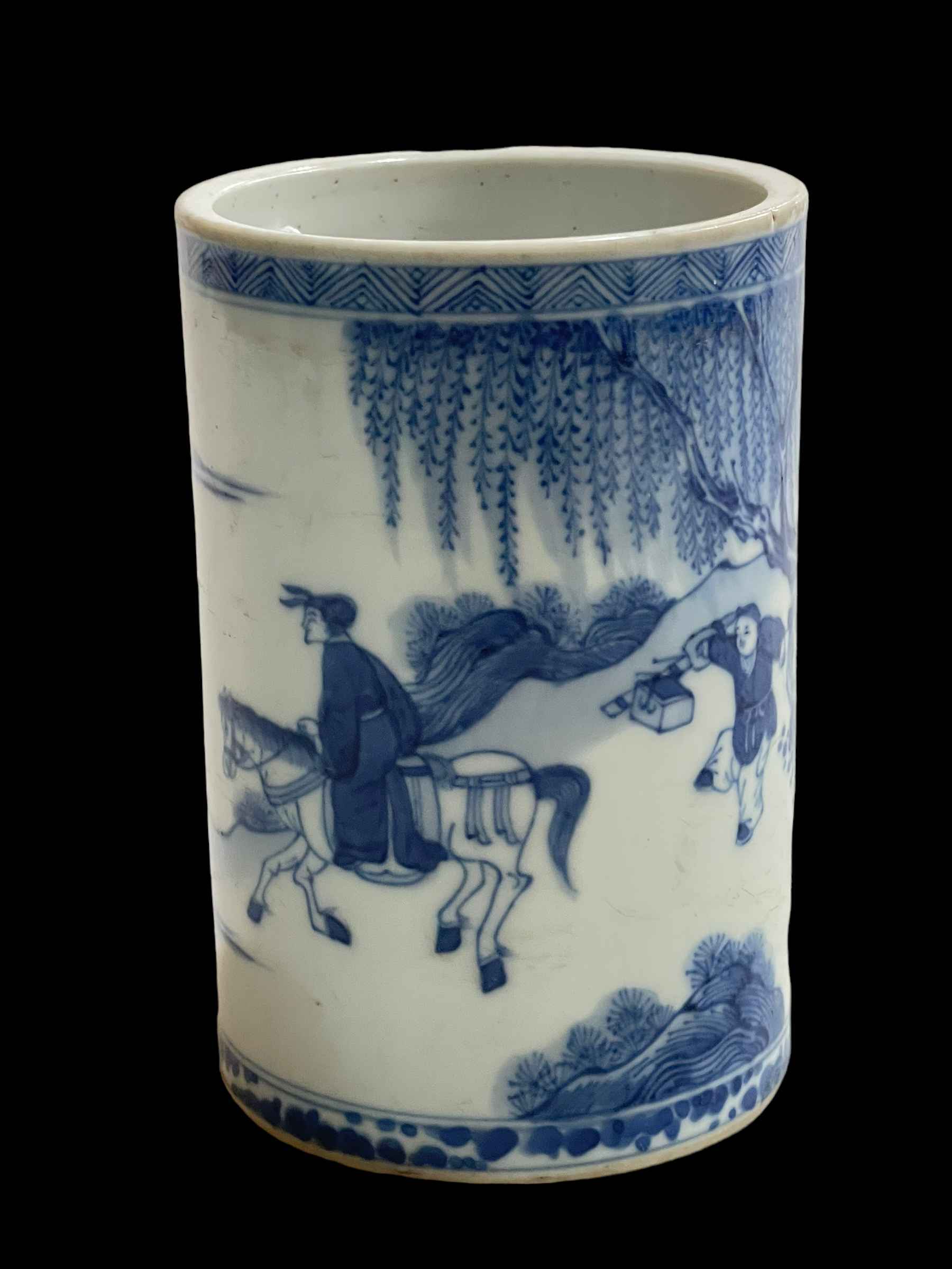 Chinese blue and white brush pot, with travellers in landscape, 13.5cm.