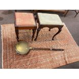 Bokhara rug, two mahogany stools, Edwardian overmantel mirror and brass warming pan (5).