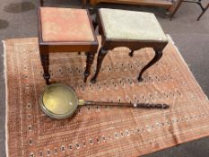 Bokhara rug, two mahogany stools, Edwardian overmantel mirror and brass warming pan (5).