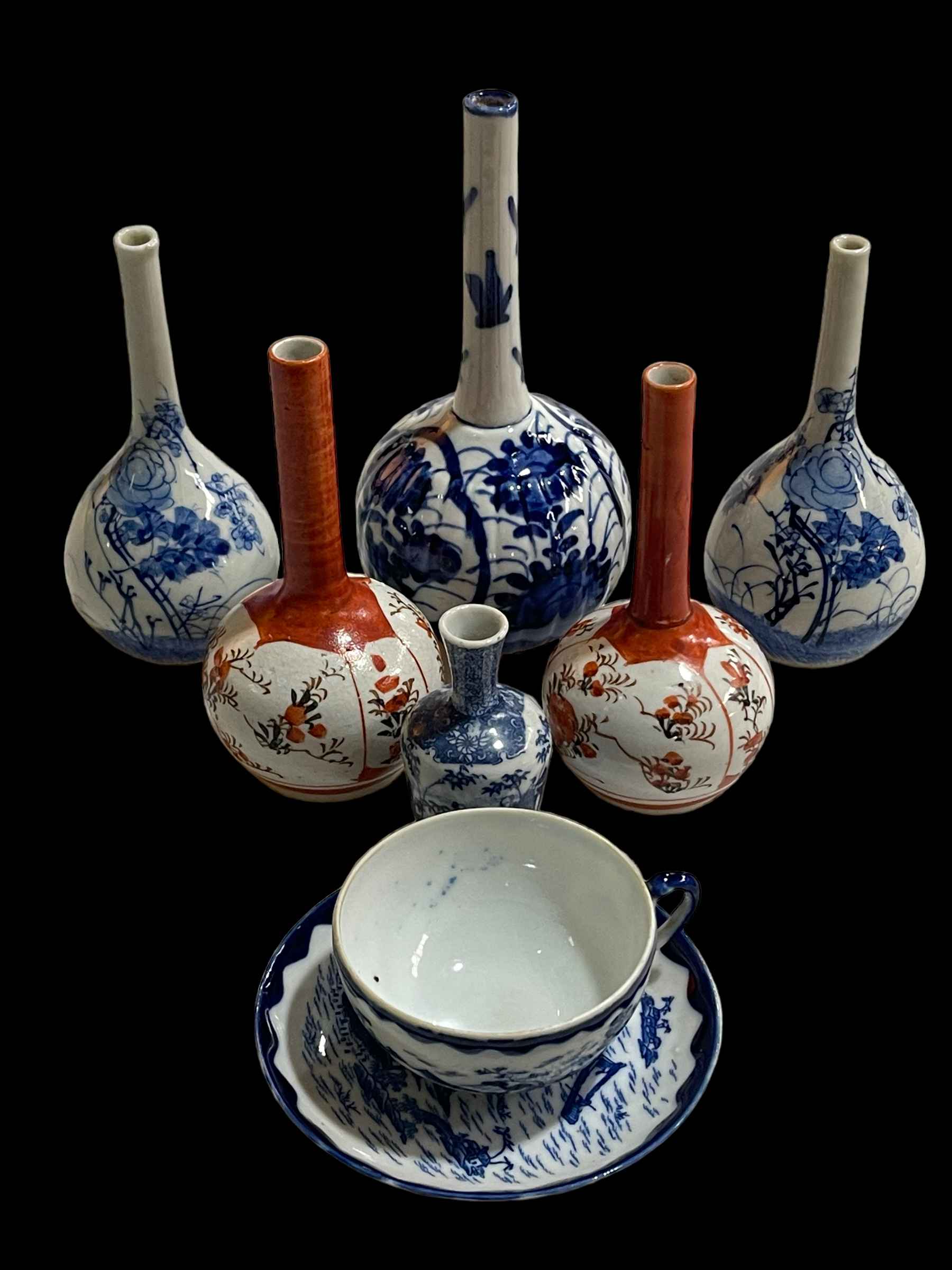 Six Chinese spill vases and cup and saucer.