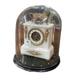 Victorian ornate gilt and onyx mantel clock with a lion crest under a glass dome, 40cm high.