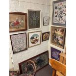 Collection of eleven framed needleworks including alphabet sampler, Victorian woolwork, etc.