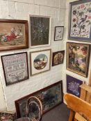 Collection of eleven framed needleworks including alphabet sampler, Victorian woolwork, etc.