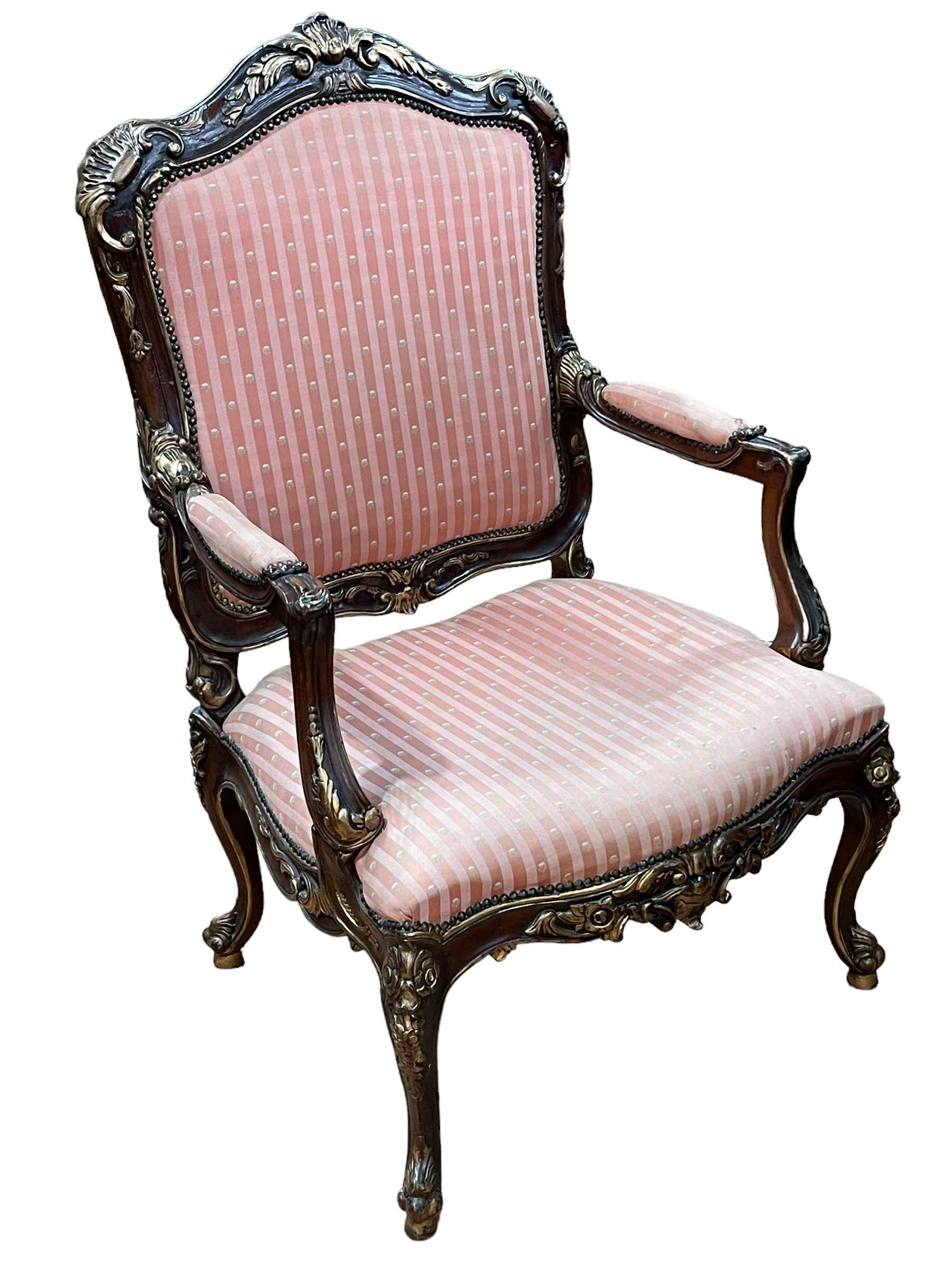 Continental part gilt painted open armchair with serpentine front seat.