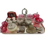 Tray lot with ruby glass, EP preserves, two Appleby vases, Arts & Crafts inkstand and sewing set.
