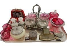 Tray lot with ruby glass, EP preserves, two Appleby vases, Arts & Crafts inkstand and sewing set.