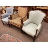 Pair late Victorian mahogany framed wing back armchairs and carved mahogany framed armchair (3).