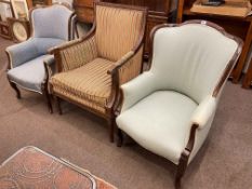 Pair late Victorian mahogany framed wing back armchairs and carved mahogany framed armchair (3).