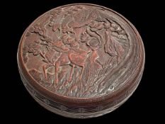 Chinese red cinnabar box and cover, 26cm diameter.