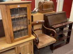 Oak leaded glazed door corner wall cabinet, Victorian mahogany bar back elbow chair,