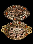 Royal Crown Derby Imari two handled low tazza, 23cm across, and shaped oval dish on gilt feet (2).