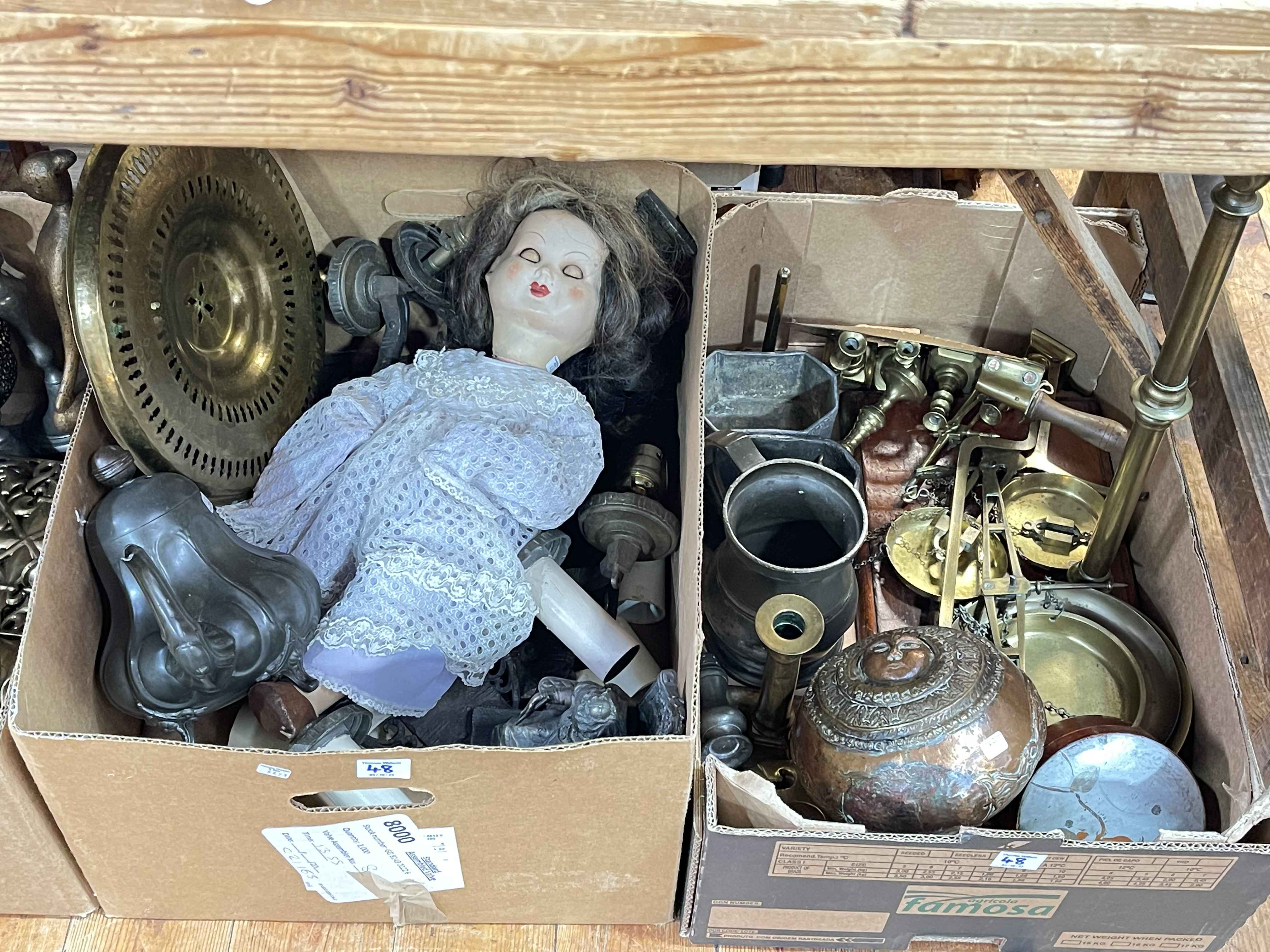 Four boxes of brassware, metalware, doll, vases, china, etc. - Image 3 of 3