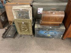 Four leaded windows, tool trunk, two vintage sewing machines,