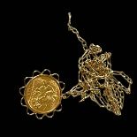 Gold George V half sovereign with 9 carat gold mount and chain necklace.