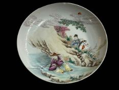 Chinese Famille Rose saucer dish beautifully painted with equestrian and figure fishing by