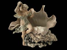Royal Dux group of sea maiden resting on conch shell, pink triangle, 30cm.