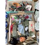 Two boxes of toys including Pedigree Tommy gun items, model figures, etc.