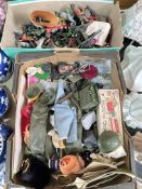 Two boxes of toys including Pedigree Tommy gun items, model figures, etc.