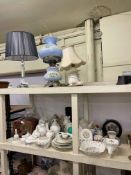 Three table lamps, Aynsley and other china, radio, clock, etc.